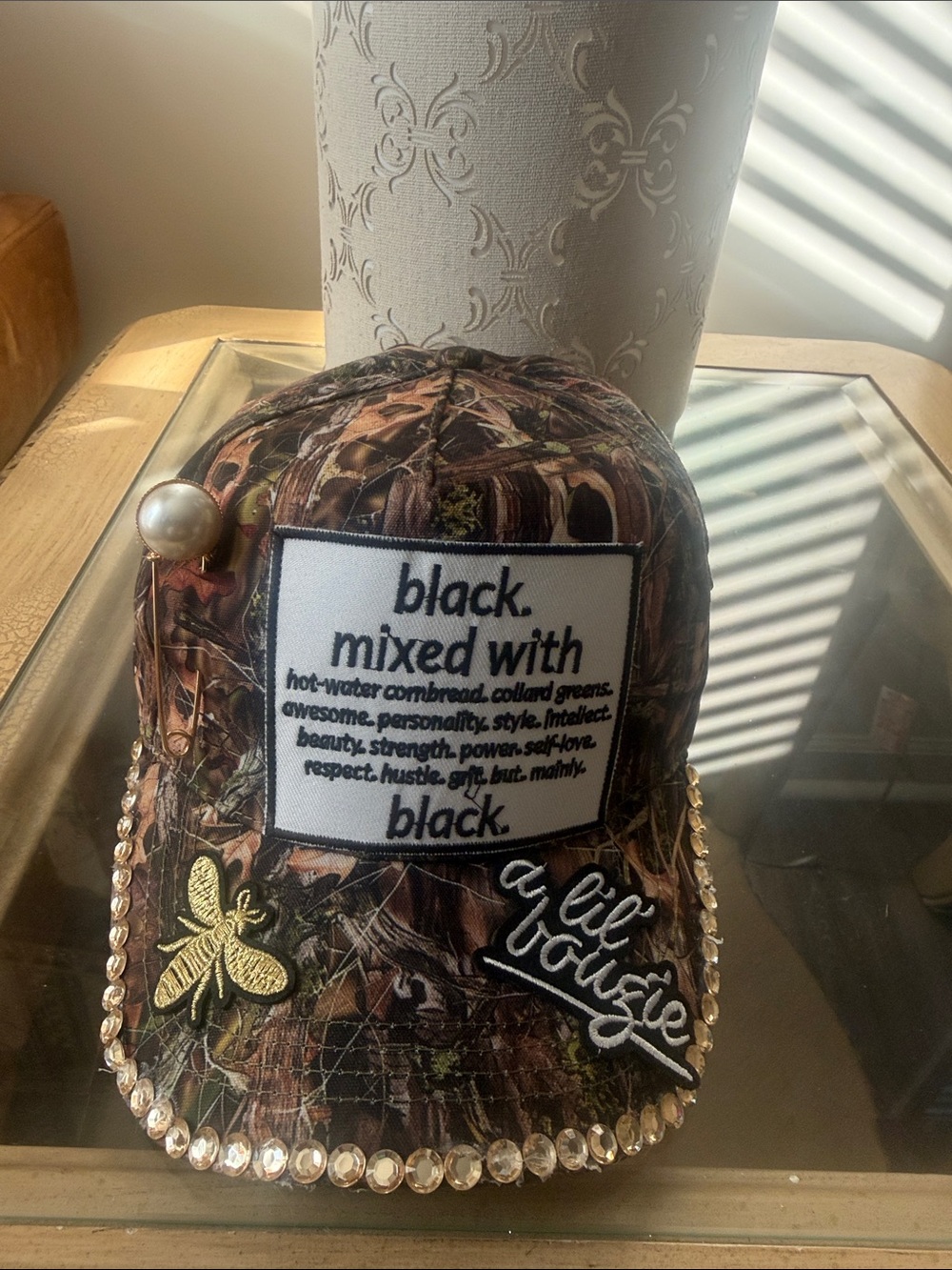 Embellished Camo Baseball Cap with Pearl & Bee Patch - Black Mixed With